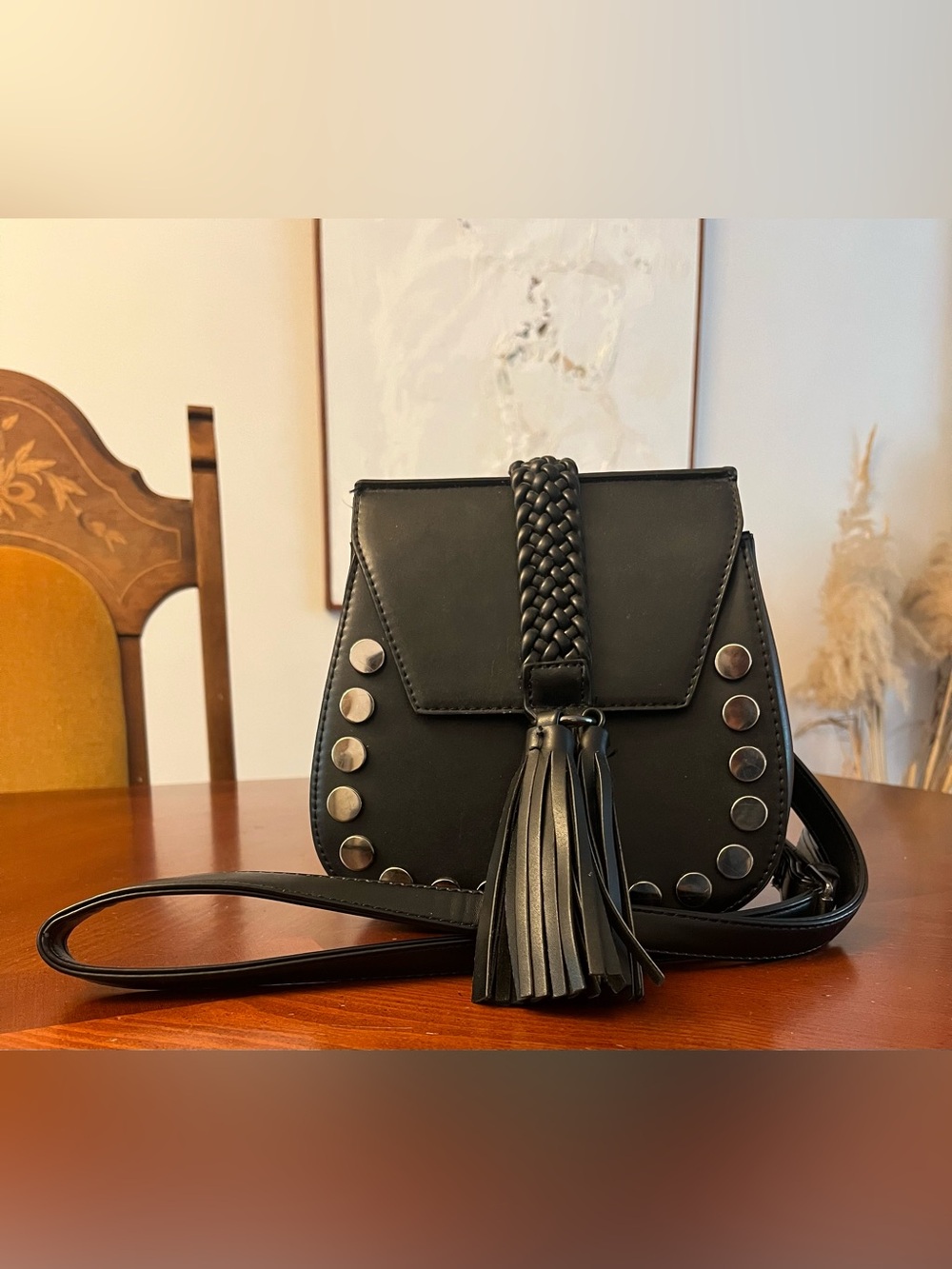 Lionel Black Faux Leather Western Boho Crossbody Bag Studded Tassel.